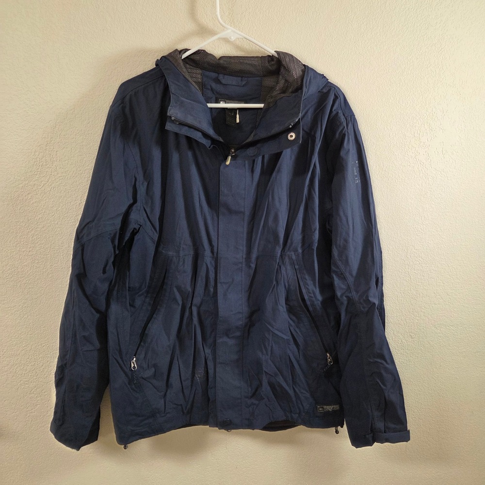 REI Mens Large Navy Blue Hooded Rain Jacket Full Zip Mesh Lined Windbreaker